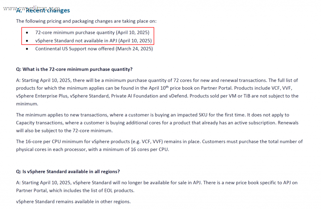 VMware调整许可政策:最低72核心起售,vSphere标准版停售